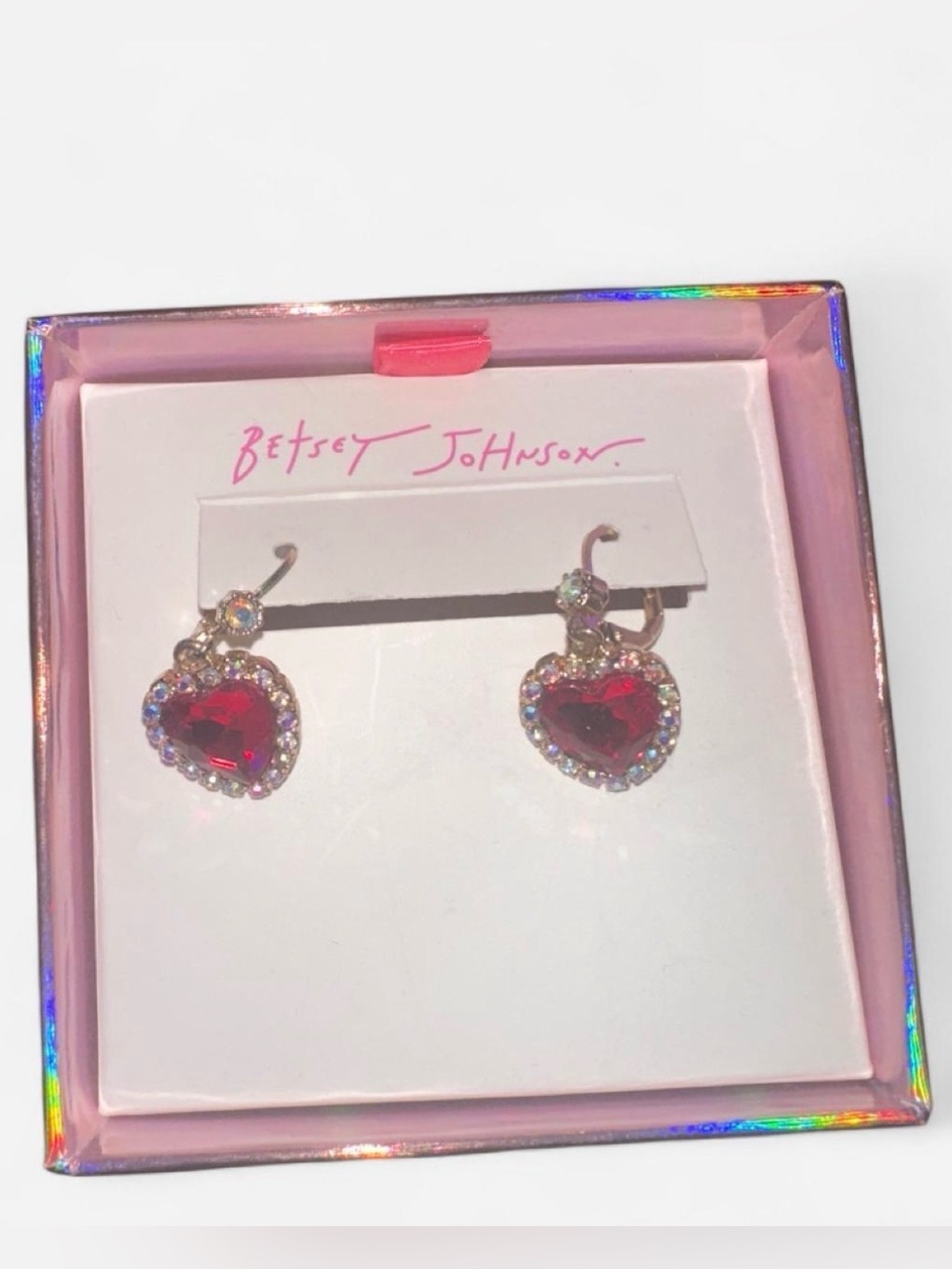Betsey Johnson Red Heart Crystal Halo Dangle Earrings